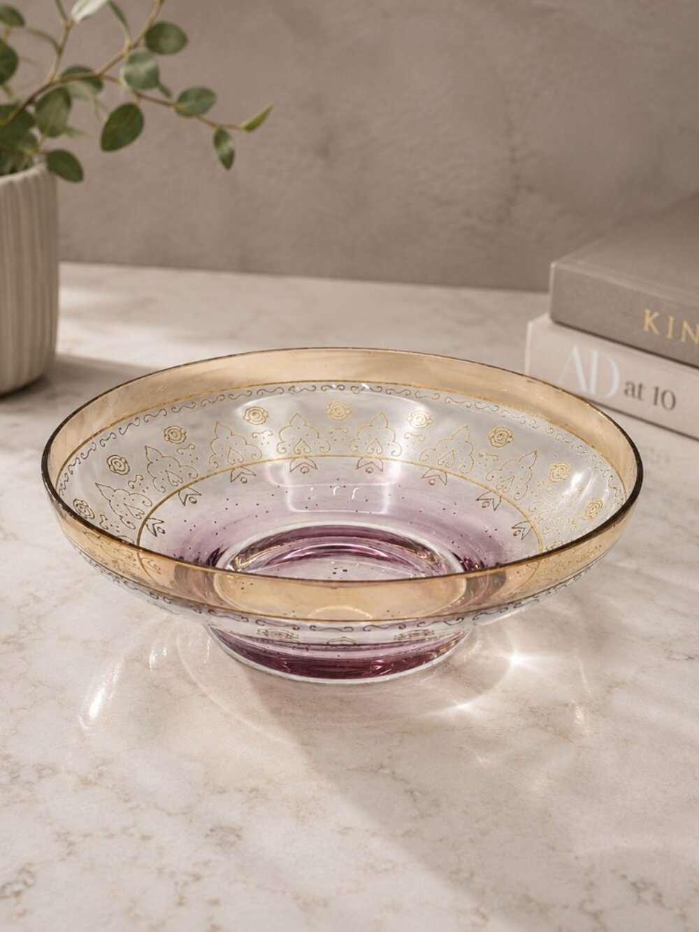 Vintage Amethyst Ombre Art Glass Centerpiece Bowl Gold Enamel 12" Decor